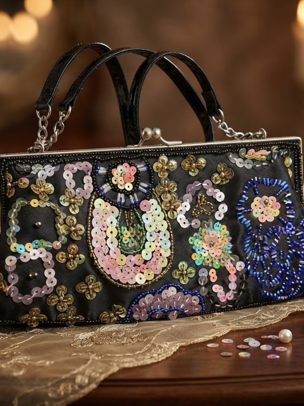 Bijoux Terner Black Sequin & Bead Embellished Frame Clutch